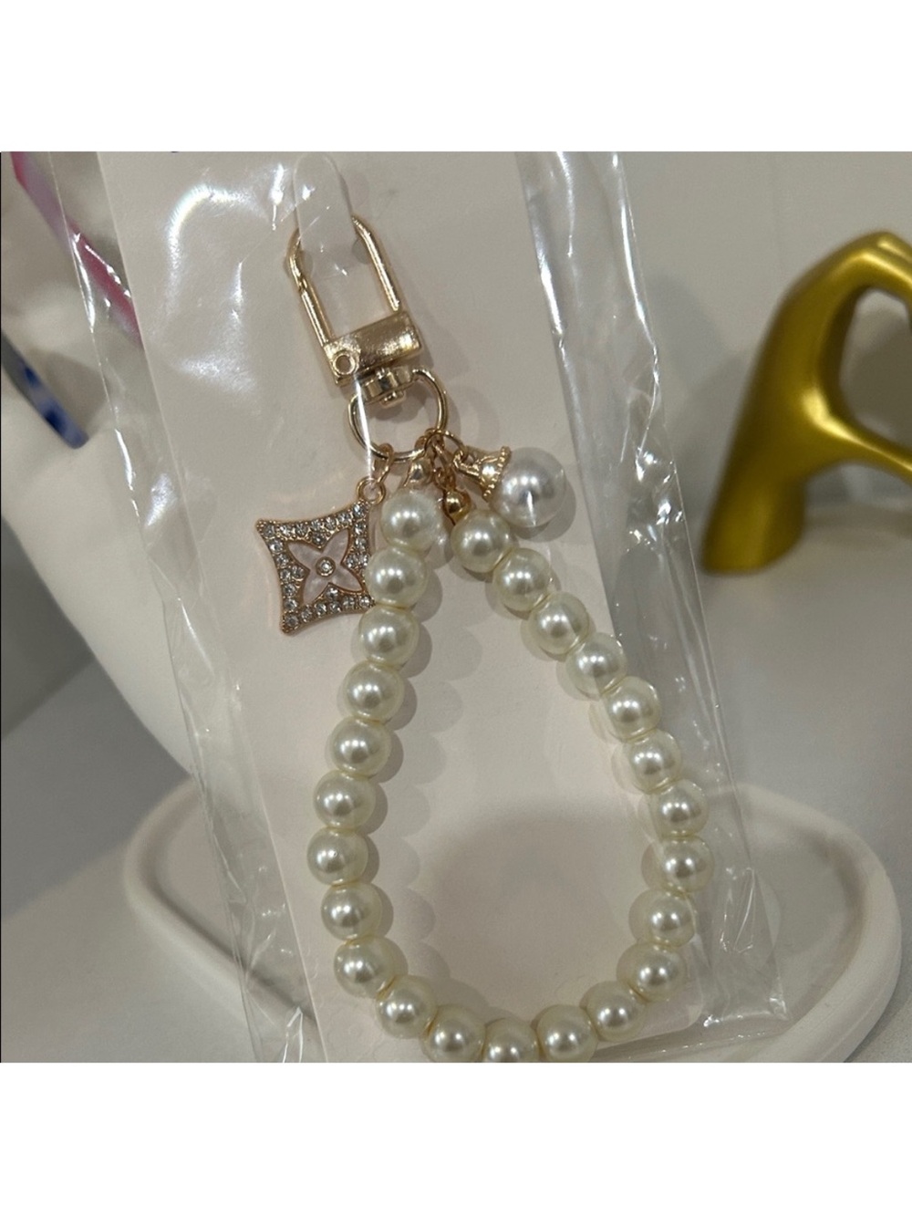 Pearl Beaded Key & Cardholder Wristlet with Gold-Tone Charm